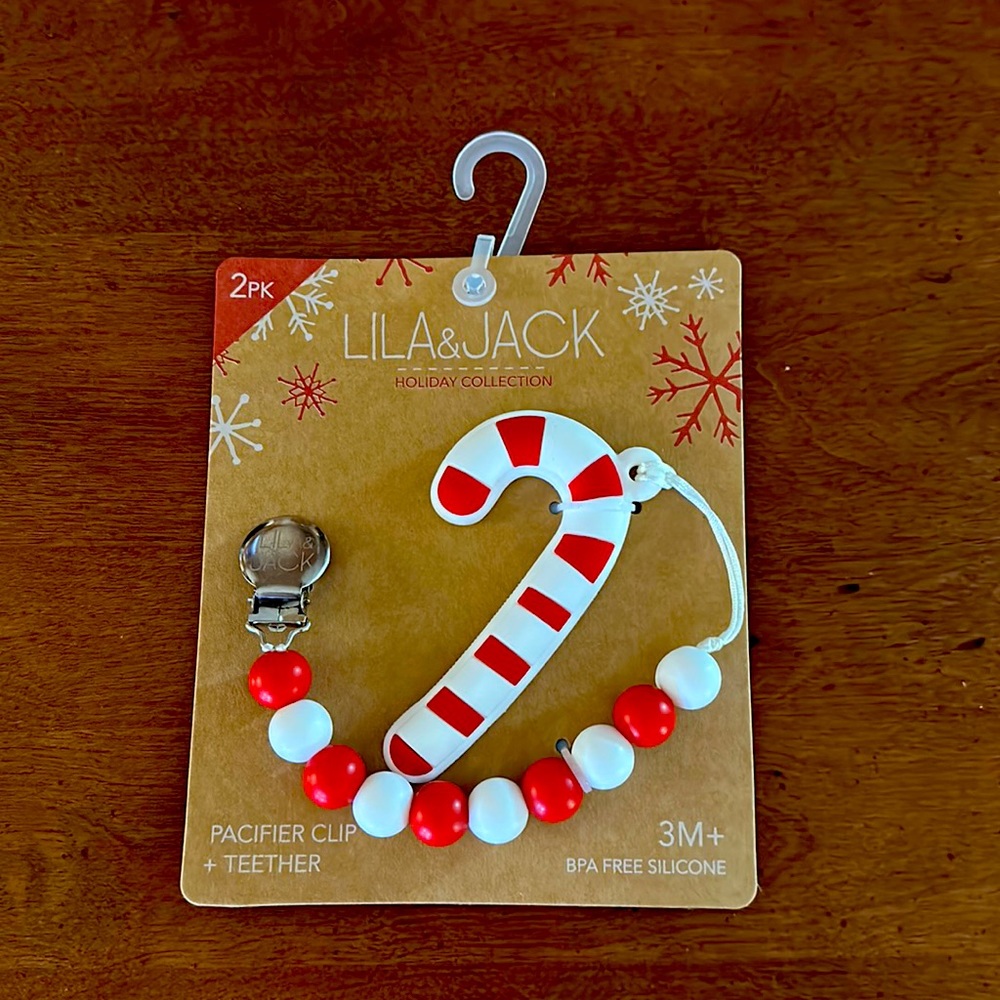 Lila & Jack Candy Cane Holiday Collection pacifier clip and teether